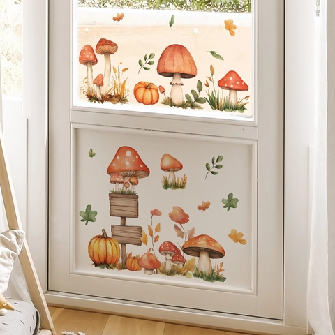 Watercolor Mushroom Pumpkin Road Sign Wall Sticker PVC Autumn Forest Theme Decal For Living Room Bedroom Nursery Home Decor