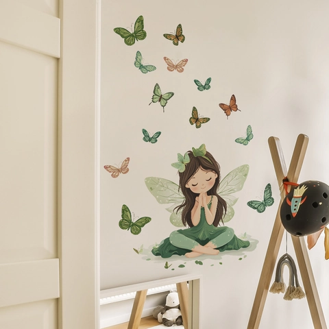 Vlinder Bloemenfee Muursticker PVC Bosstijl Cartoon Meisje Decoratieve Sticker Voor Kinderkamer Slaapkamer Woonkamer Huisdecoratie