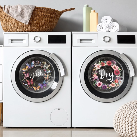 Adesivi Decorativi Lavanderia Creativi Con Fiori E Farfalle Scritta Wash Dry In PVC Impermeabile Per Lavatrice Casa
