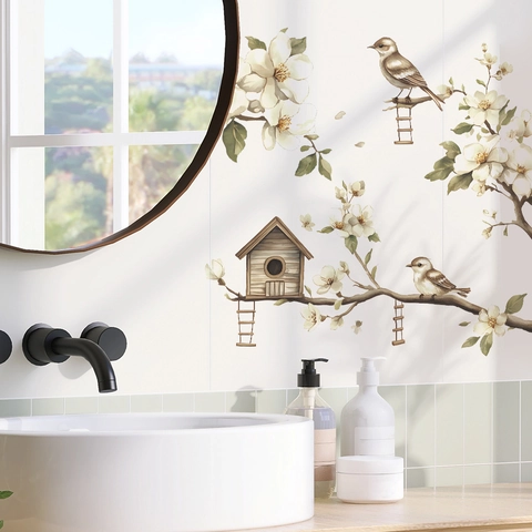 Pegatinas de Pared de PVC Con Ramas de Magnolia Pájaro Nido Para Dormitorio Sala de Estar Fondo de Casa Calcomanías Decorativas