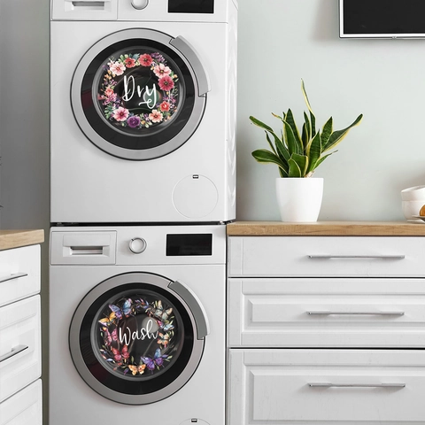 Adesivi Decorativi Lavanderia Creativi Con Fiori E Farfalle Scritta Wash Dry In PVC Impermeabile Per Lavatrice Casa