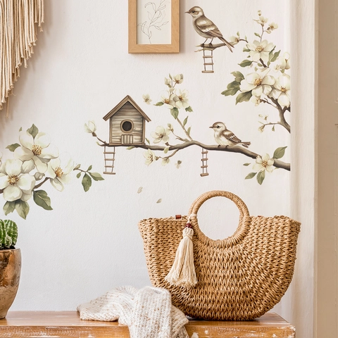 Pegatinas de Pared de PVC Con Ramas de Magnolia Pájaro Nido Para Dormitorio Sala de Estar Fondo de Casa Calcomanías Decorativas