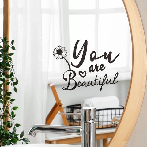 You Are Beautiful Mirror Wall Sticker Dandelion Heart PVC Decal For Bathroom Mirror Home Decor Inspirational Quote Art Sticker