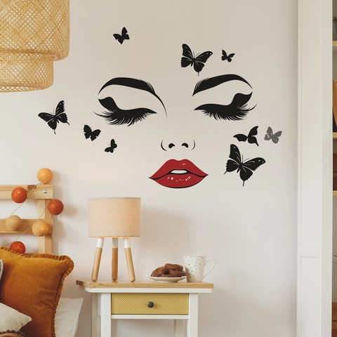 Rote Lippen Wimpern Schmetterling Wandaufkleber PVC DIY Abnehmbares Dekoratives Wandtattoo Für Schlafzimmer Wohnzimmer Modern Home Decor