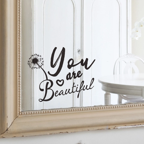 You Are Beautiful Mirror Wall Sticker Dandelion Heart PVC Decal For Bathroom Mirror Home Decor Inspirational Quote Art Sticker
