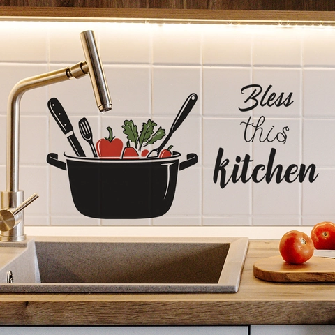 Bless This Kitchen Creative Wall Sticker PVC Modern Minimalist Pot Vegetable Pattern Dining Room Decor Self Adhesive Decal
