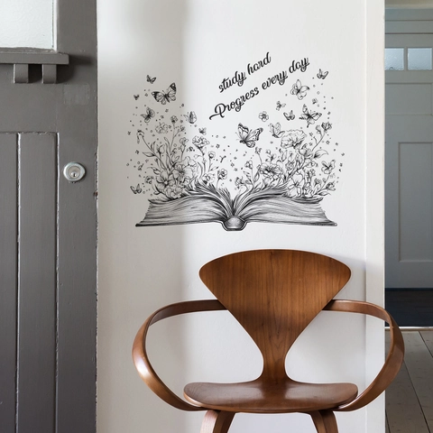 Adesivo Murale Motivazionale Slogan Inglese Study Hard Libro Fiori Farfalla Decalcomania in PVC per Camera da Letto Studio Casa