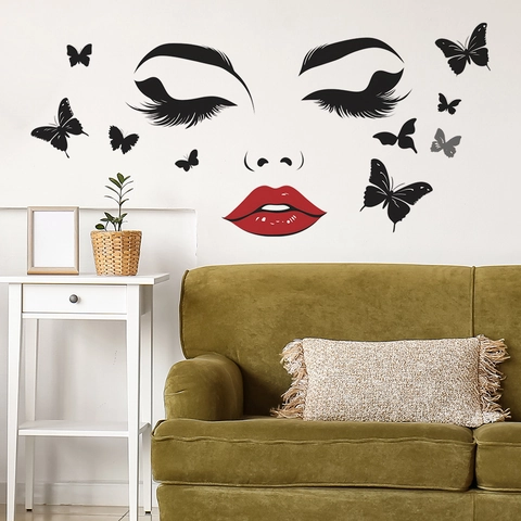 Rote Lippen Wimpern Schmetterling Wandaufkleber PVC DIY Abnehmbares Dekoratives Wandtattoo Für Schlafzimmer Wohnzimmer Modern Home Decor