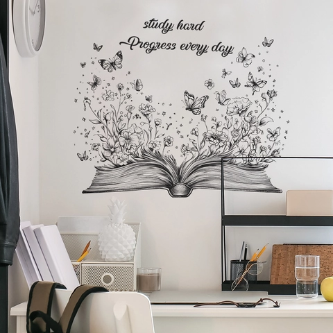 Adesivo Murale Motivazionale Slogan Inglese Study Hard Libro Fiori Farfalla Decalcomania in PVC per Camera da Letto Studio Casa