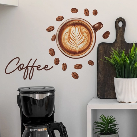 Adesivo Da Parete In PVC A Tema Caffè Tazza Con Latte Art Chicchi Per Cucina Bar Caffetteria Decorazione Casa Marrone