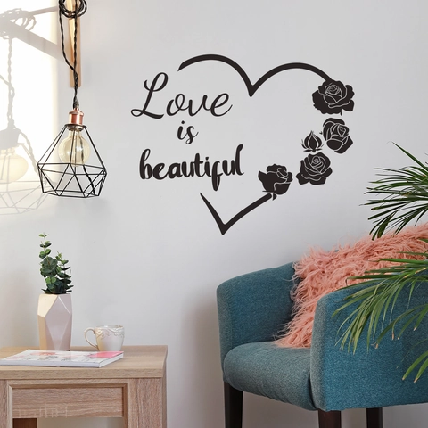 Hart Roos Bloem Muursticker Love Is Beautiful Citaat Decal Voor Slaapkamer Woonkamer PVC Zwart Modern Huisdecoratie Muurschildering