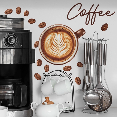 Adesivo Da Parete In PVC A Tema Caffè Tazza Con Latte Art Chicchi Per Cucina Bar Caffetteria Decorazione Casa Marrone