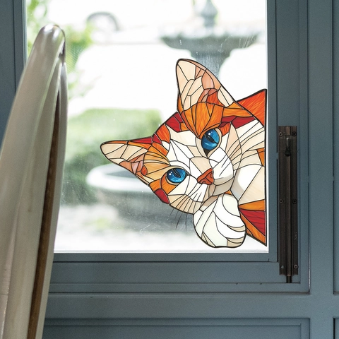 Cartoon Rote Katze Fensteraufkleber Buntglas Mosaik Stil PVC Deko Aufkleber Statisch Haftend Für Glastür Zuhause Dekoration
