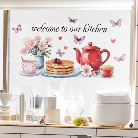 Willkommen In Unserer Küche PVC Wandaufkleber Aquarell Teekanne Schmetterling Kaffee Tasse DIY Abnehmbare Esszimmer Deko