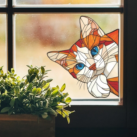 Cartoon Rote Katze Fensteraufkleber Buntglas Mosaik Stil PVC Deko Aufkleber Statisch Haftend Für Glastür Zuhause Dekoration