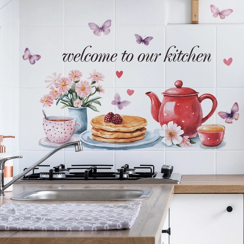 Willkommen In Unserer Küche PVC Wandaufkleber Aquarell Teekanne Schmetterling Kaffee Tasse DIY Abnehmbare Esszimmer Deko