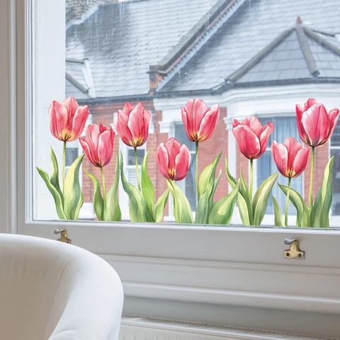 Aquarel Roze Tulp Statisch Hechtende Venstersticker Verwijderbare PVC Glassticker Voor Woonkamer Slaapkamer Decoratie
