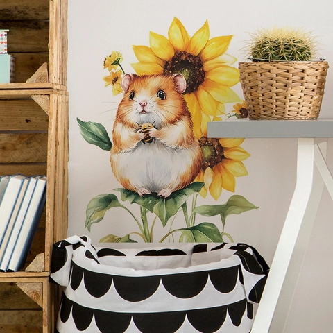 Pegatina de Pared de Ardilla de Dibujos Animados en Acuarela Con Girasol PVC Autoadhesivo Calcomanía para Dormitorio Sala de Estar