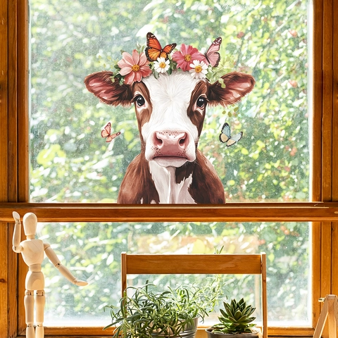Simpatici Adesivi per Finestre con Corona di Fiori di Mucca e Farfalla in PVC Decalcomanie in Vetro Rimovibili per Decorazione Domestica