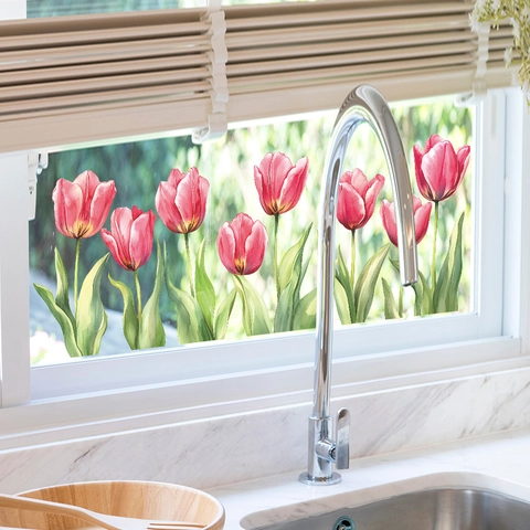 Aquarel Roze Tulp Statisch Hechtende Venstersticker Verwijderbare PVC Glassticker Voor Woonkamer Slaapkamer Decoratie