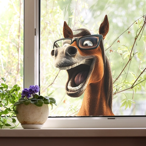 Divertido Adhesivo De Ventana Caballo Riendo Con Gafas Creativo 3D Animal PVC Calcomanía De Pared Para Vidrio Hogar