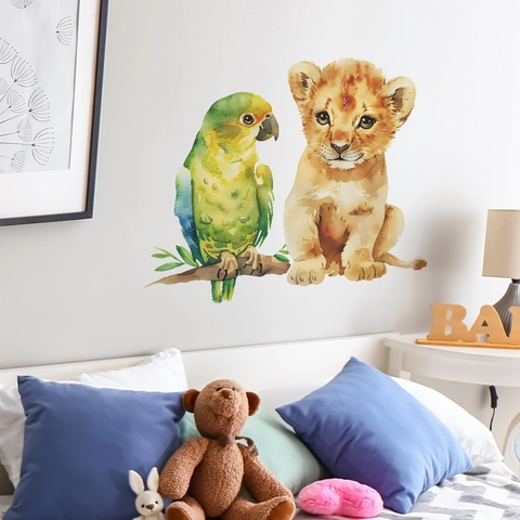 Pegatina de Pared de León y Loro de Dibujos Animados Acuarela Para Habitación Niños Guardería PVC Removible Arte Decoración