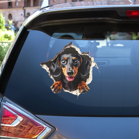 3D Realistic Dachshund Dog Car Sticker Waterproof PVC Broken Wall Effect Window Decal Cute Animal Home Mural Decoration
