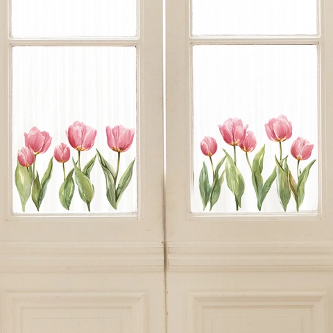 Pink Tulip Window Sticker PVC Watercolor Floral Glass Door Decal For Living Room Bedroom Bathroom Home Decoration