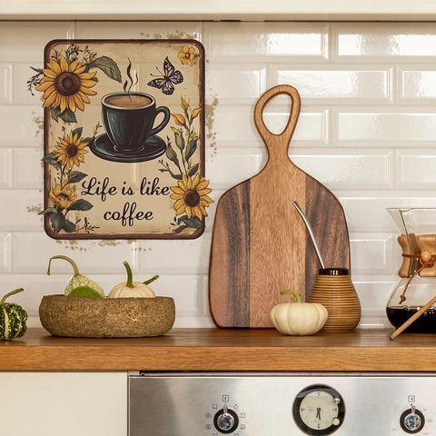 Vintage Coffee Cup Sunflower PVC Wall Sticker Life Is Like Coffee Quote Retro Decal For Kitchen Dining Room Cafe Decor
