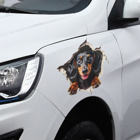 3D Realistic Dachshund Dog Car Sticker Waterproof PVC Broken Wall Effect Window Decal Cute Animal Home Mural Decoration