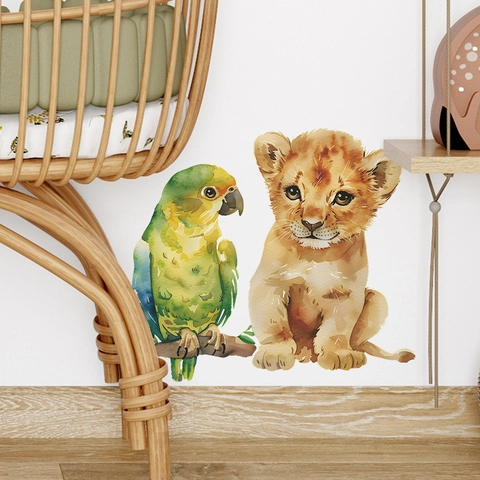 Pegatina de Pared de León y Loro de Dibujos Animados Acuarela Para Habitación Niños Guardería PVC Removible Arte Decoración