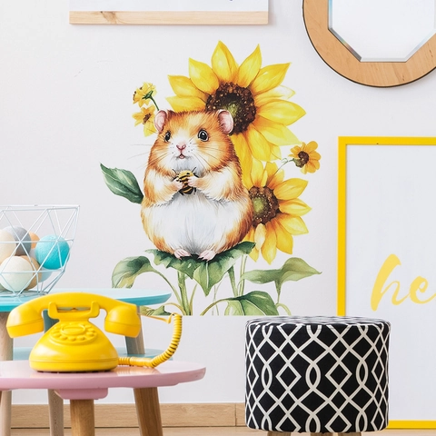 Pegatina de Pared de Ardilla de Dibujos Animados en Acuarela Con Girasol PVC Autoadhesivo Calcomanía para Dormitorio Sala de Estar