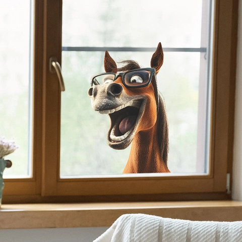 Divertido Adhesivo De Ventana Caballo Riendo Con Gafas Creativo 3D Animal PVC Calcomanía De Pared Para Vidrio Hogar