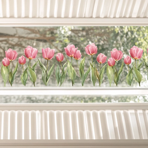 Pink Tulip Window Sticker PVC Watercolor Floral Glass Door Decal For Living Room Bedroom Bathroom Home Decoration