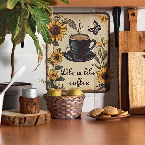 Vintage Coffee Cup Sunflower PVC Wall Sticker Life Is Like Coffee Quote Retro Decal For Kitchen Dining Room Cafe Decor