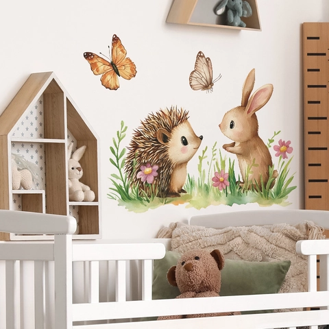Adesivo da Parete Acquerello Riccio Coniglio Farfalla PVC Autoadesivo Animali Fiori Decalcomanie per Cameretta Bambini