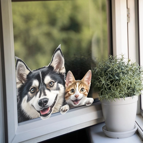 3D Simulation Husky Katze Peeking Fenster Aufkleber PVC Wasserdicht Abnehmbare Aufkleber Für Glas Schrank Home Decoration
