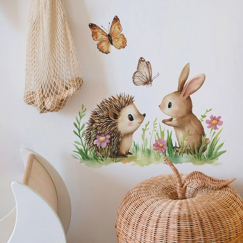 Adesivo da Parete Acquerello Riccio Coniglio Farfalla PVC Autoadesivo Animali Fiori Decalcomanie per Cameretta Bambini