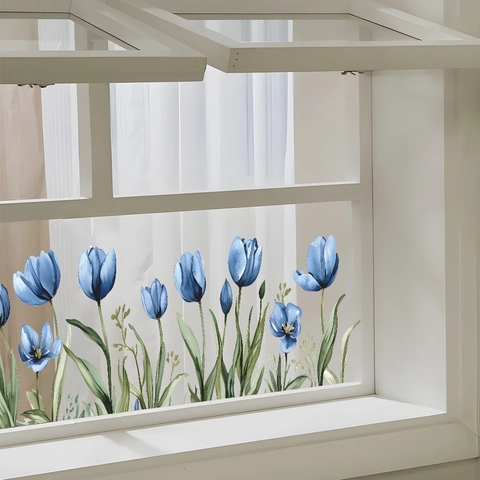 Blaue Tulpen Aquarell Fensteraufkleber PVC Glastür Statisch UV Bedruckt Dekorfolie Für Zuhause Wohnzimmer Dekoration