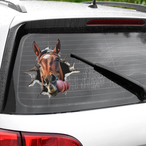 3D Lustiger Pferdekopf Autoaufkleber Realistisches Pferd Streckt Die Zunge Raus PVC Wasserdichter Fenster Wandtattoo Für Auto Haus Deko