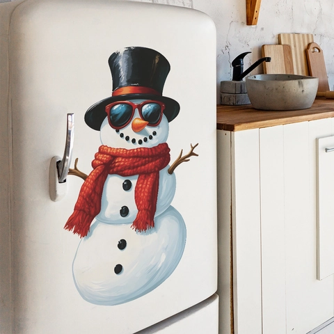 Pegatina de Nevera de Muñeco de Nieve de Navidad Gafas de Sol Divertidas Bufanda Roja PVC Calcomanía de Pared para Cocina Hogar Decoración de Invierno