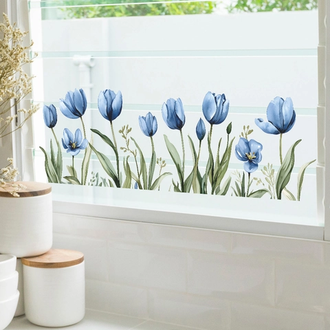 Blaue Tulpen Aquarell Fensteraufkleber PVC Glastür Statisch UV Bedruckt Dekorfolie Für Zuhause Wohnzimmer Dekoration
