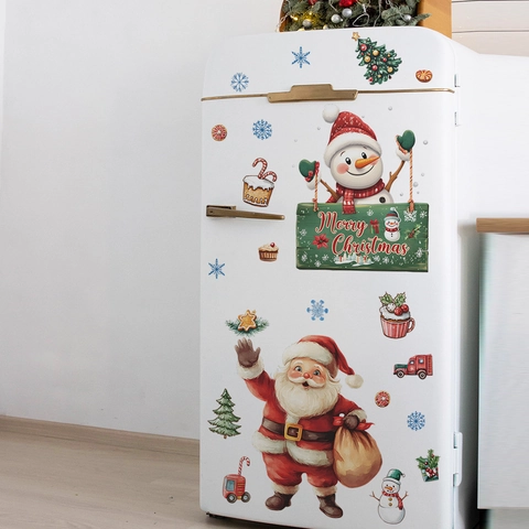 Adesivi da Parete per Frigorifero di Natale Babbo Natale Pupazzo di Neve Albero di Natale PVC Decalcomanie Festive per la Casa Cucina Decorazione