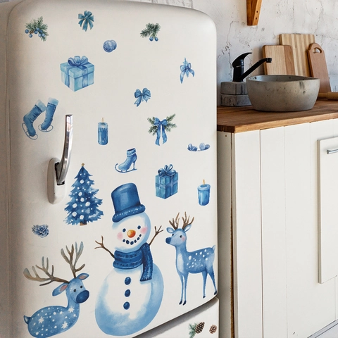 Natale Pupazzo di Neve Renna Albero Adesivi Murali Blu Acquerello PVC Frigorifero Decalcomania Cucina Casa Decorazione