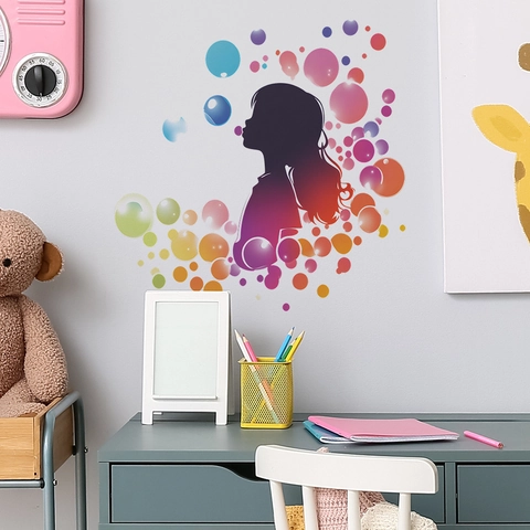 Creatieve Meisjes Silhouette Kleurrijke Bellen Muursticker PVC Verwijderbare Decal Voor Slaapkamer Woonkamer Kinderkamer Decoratie