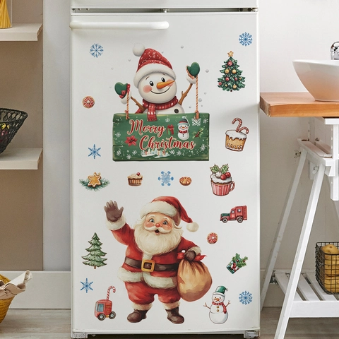Pegatinas de Pared para Refrigerador de Navidad Papá Noel Muñeco de Nieve Árbol de Navidad PVC Calcomanías Festivas para Decoración del Hogar Cocina