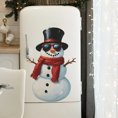 Pegatina de Nevera de Muñeco de Nieve de Navidad Gafas de Sol Divertidas Bufanda Roja PVC Calcomanía de Pared para Cocina Hogar Decoración de Invierno