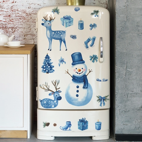 Natale Pupazzo di Neve Renna Albero Adesivi Murali Blu Acquerello PVC Frigorifero Decalcomania Cucina Casa Decorazione