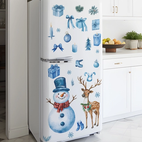 Christmas Refrigerator Stickers Watercolor Blue Snowman Reindeer Snowflake PVC Wall Decals For Kitchen Holiday Home Decor