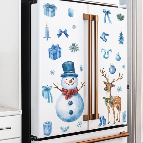 Christmas Refrigerator Stickers Watercolor Blue Snowman Reindeer Snowflake PVC Wall Decals For Kitchen Holiday Home Decor